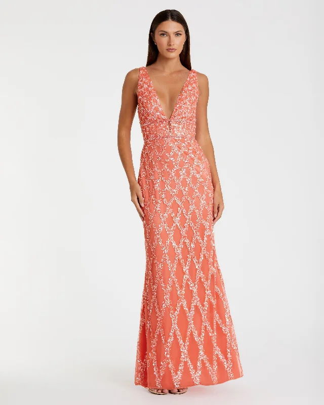 Pink Sequined Plunge Neck Sleeveless Column Gown