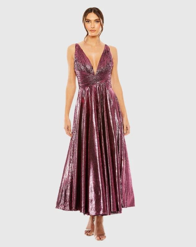 Pink Sleeveless V Neck Pleated Top Metallic Dress