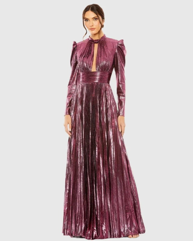 Pink Long Sleeve Keyhole Neck Heat Pleat Metallic Gown