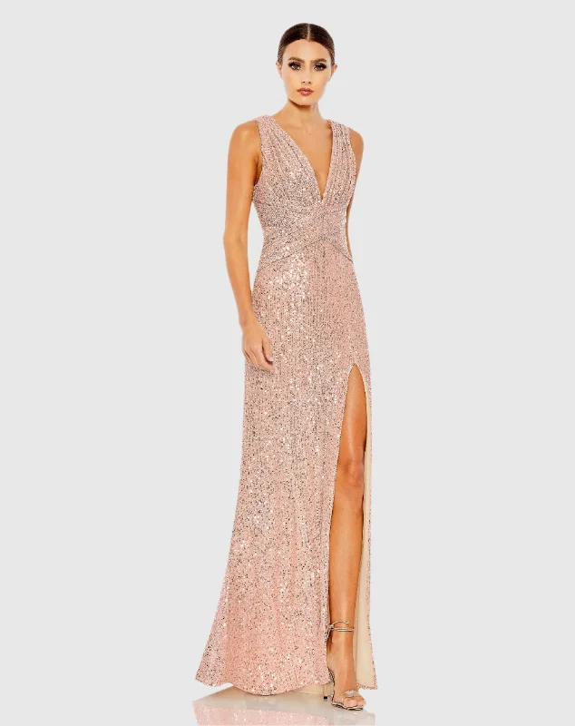 Pink V-Neck Sequin Wrap Waist Gown