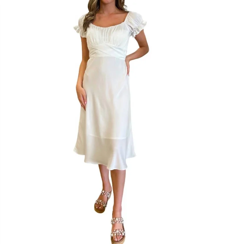 Puff Sleeve Midi Dress In Off White