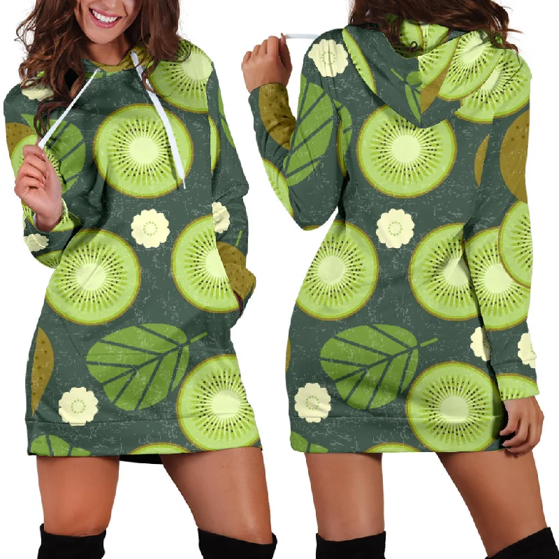 Whole Sliced Kiwi Leave And Flower Women'S Hoodie Dress