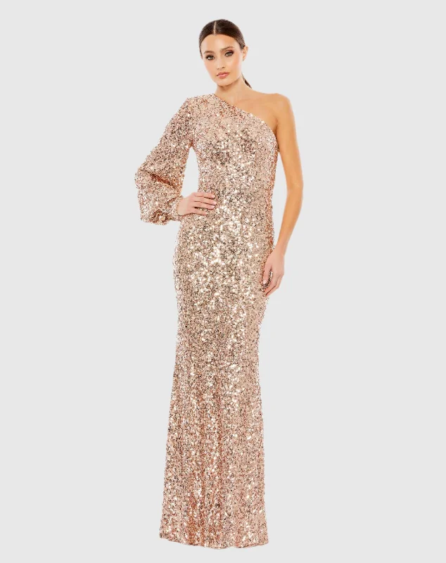 Pink Sequined One Shoulder Bishop Sleeve Trumpet Gown