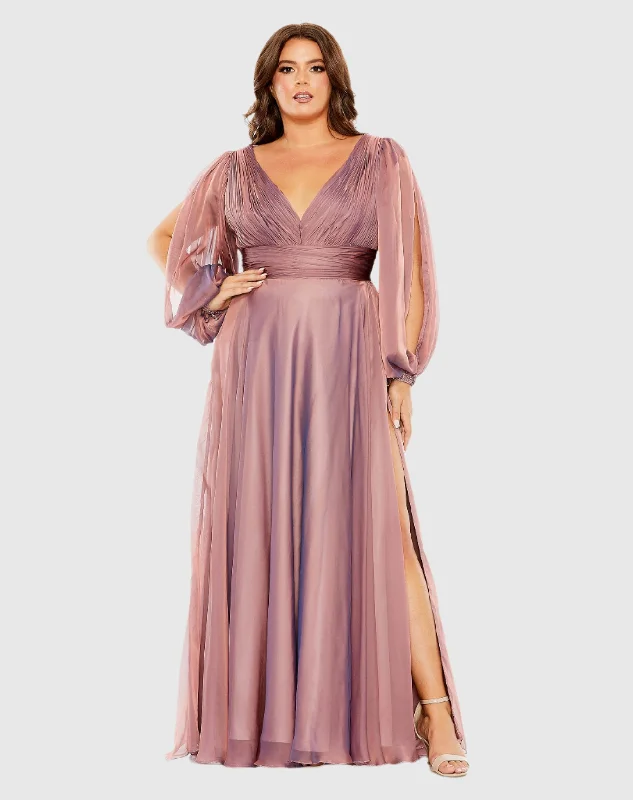 Pink Puff Sleeve w/ Embellished Cuff V Neck A Line Gown