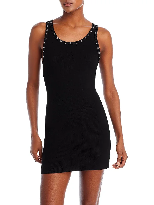 Womens Grommet Ribbed Knit Mini Dress