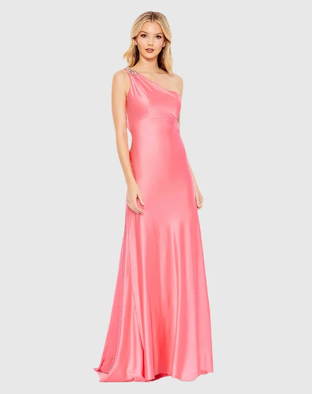 Pink Beaded One Shoulder Column Gown