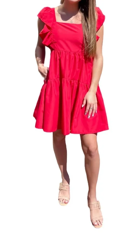 Square Neck Babydoll Dress In Red