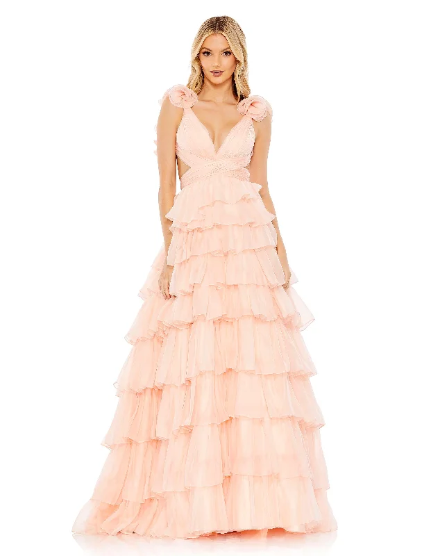 Pink Ruffled Lace Up Back Ballgown