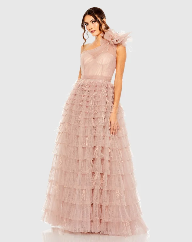 One Shoulder Faux Bow Feather Tiered A Line Gown