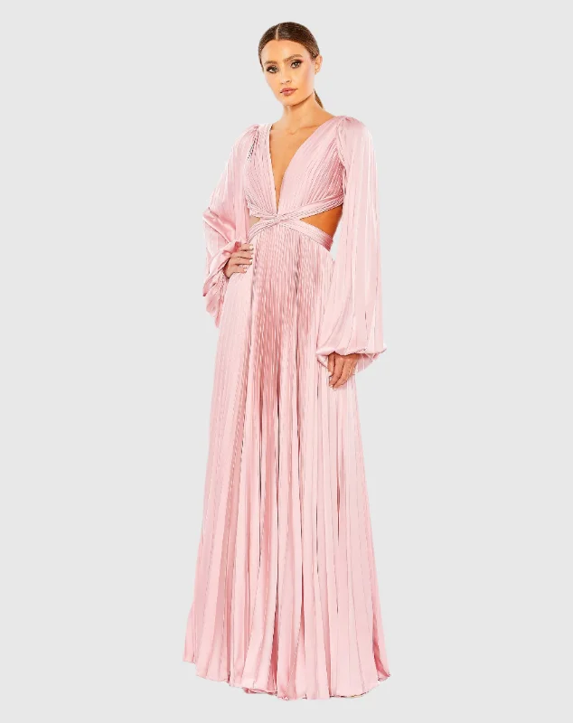 Pink Long Sleeve Pleated Charmeuse Cut Out Gown