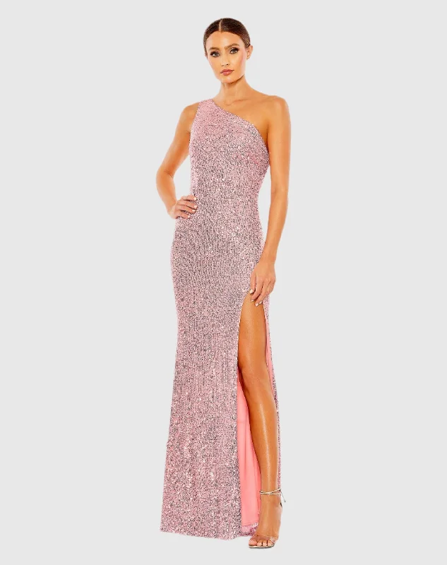 Light Pink Sequined One Shoulder Draped Back Gown