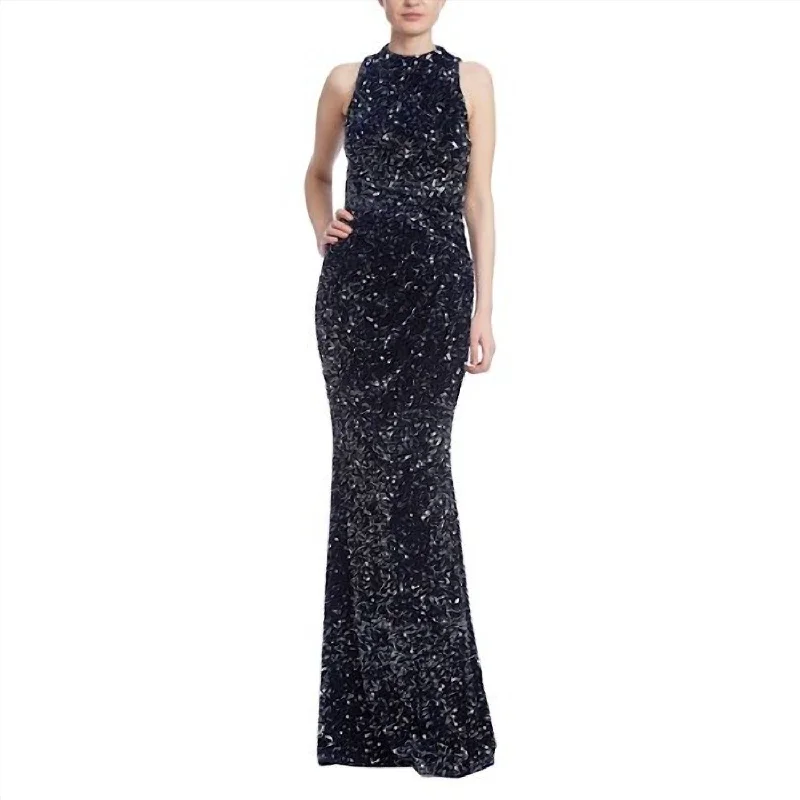 Sleeveless Sequined Velvet Column Gown In Blue Multi