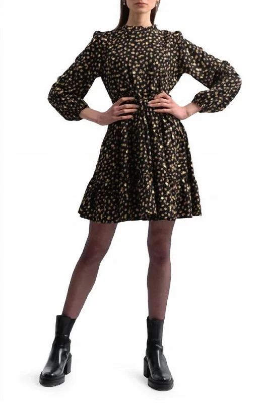 Wilma Floral Long Sleeve Minidress In Black And Gold