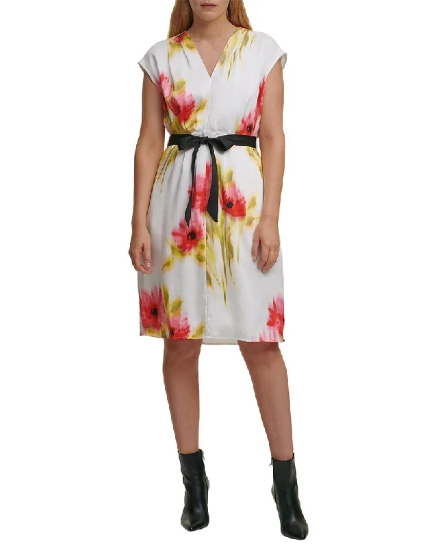 DKNY Printed Cap Sleeve V-Neck Dress