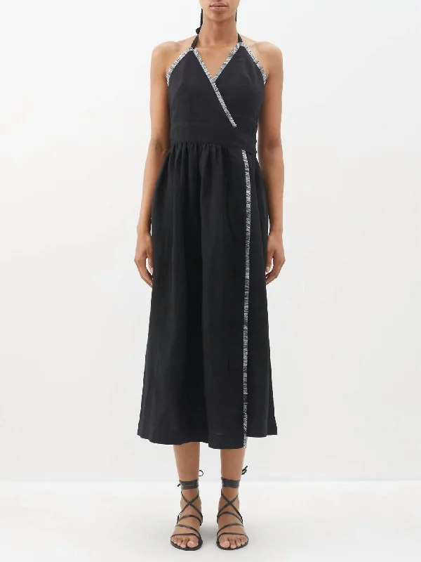 Jacqueline Wrap Frayed Halter Dress In Black