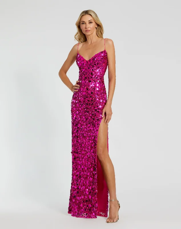 Hot Pink Embellished Spaghetti Strap Sweetheart Gown with Slit - FINAL SALE