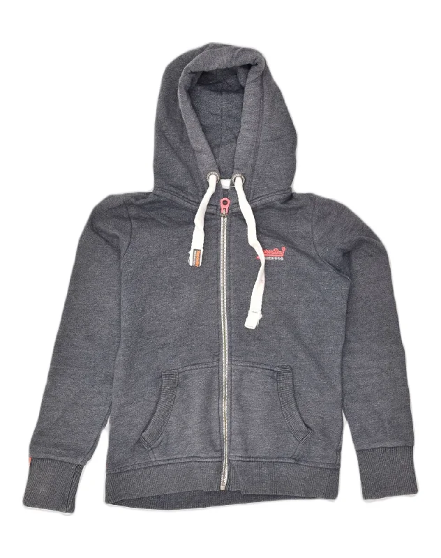 SUPERDRY Womens Zip Hoodie Sweater UK 14 Medium Grey Cotton