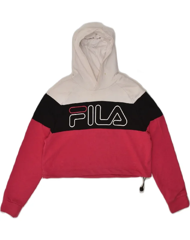 FILA Womens Crop Graphic Hoodie Jumper UK 6 XS White Colourblock Cotton