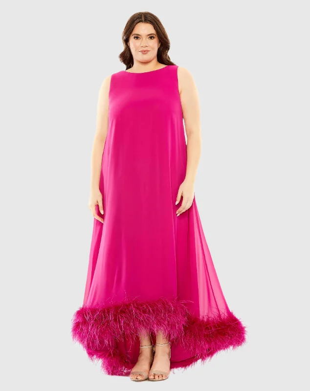 Pink High Neck Feather Hem Gown