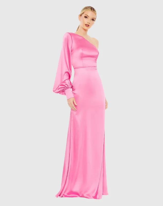 Pink One Shoulder Bishop Sleeve Trumpet Gown