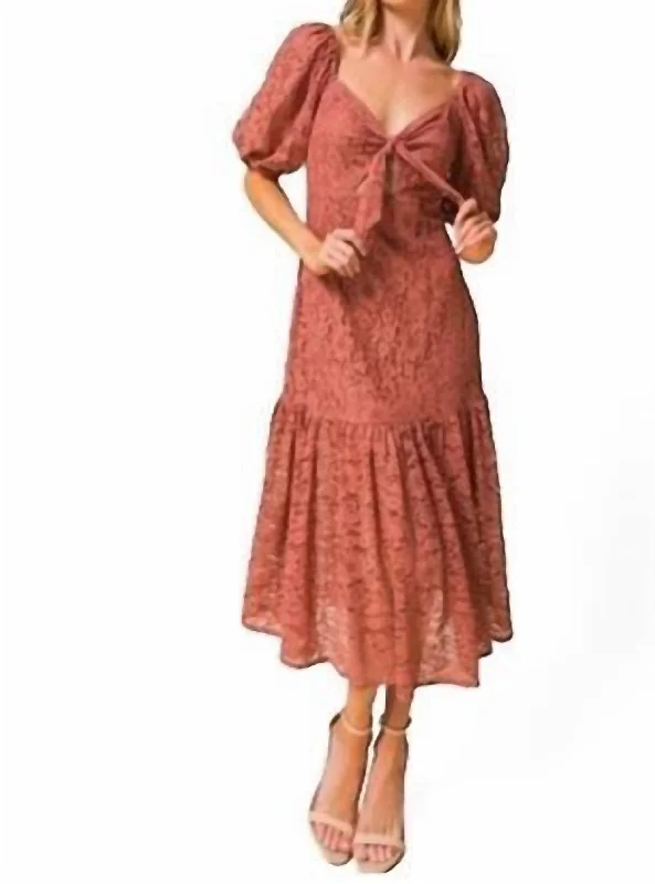 Lace Puff Sleeve Midi Dress In Mauve