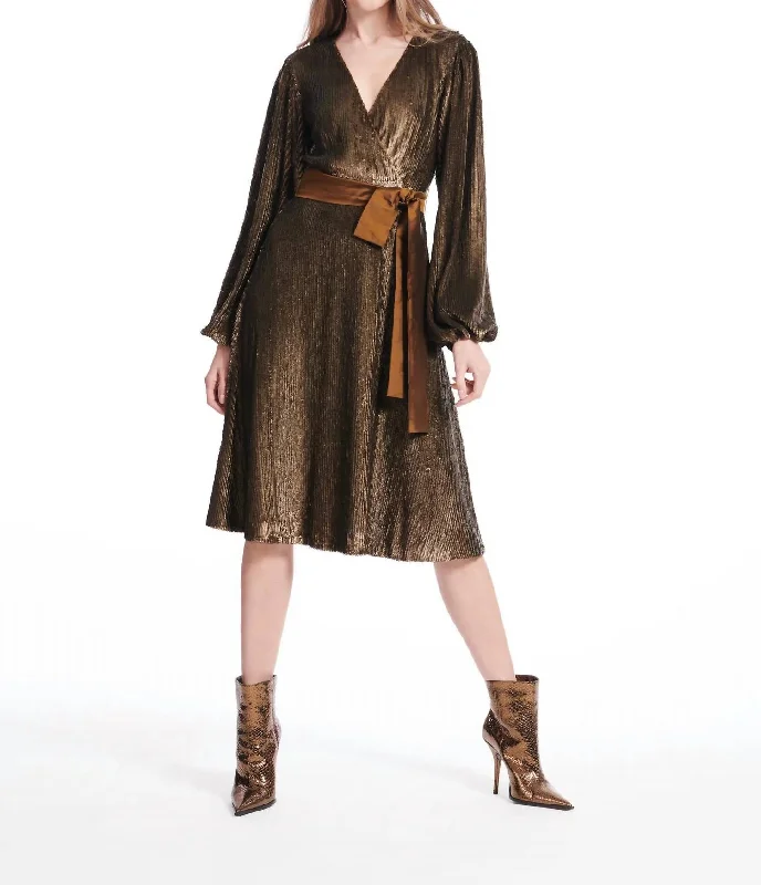 Sequin Faux Wrap Midi Dress In Bronze