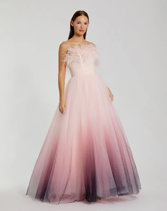 Pink Ombre Strapless Feather Bodice Tulle Gown