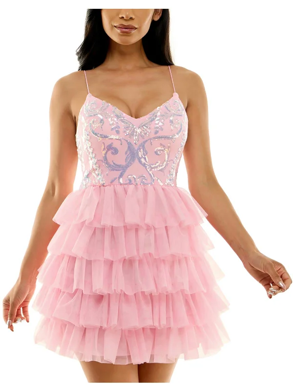 Juniors Womens Tiered Polyester Cocktail And Party Dress