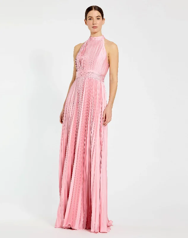 Pink Pleated High Neck Satin Sleeveless Halter Gown