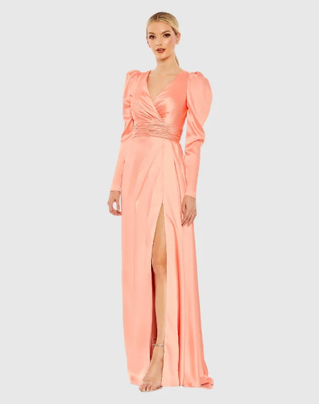 Faux Wrap Long Sleeve A Line Gown