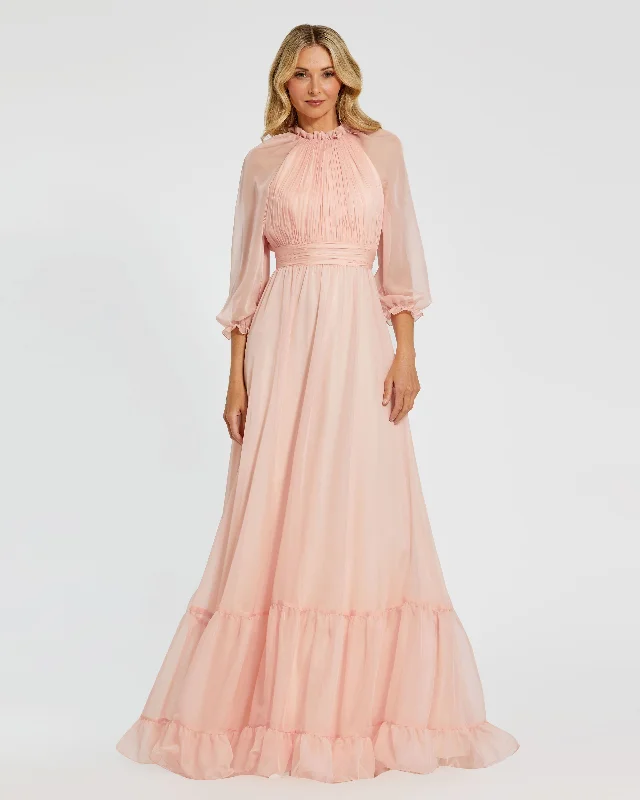 Pink Chiffon Ruched Illusion Raglan Sleeve Ruffled Gown