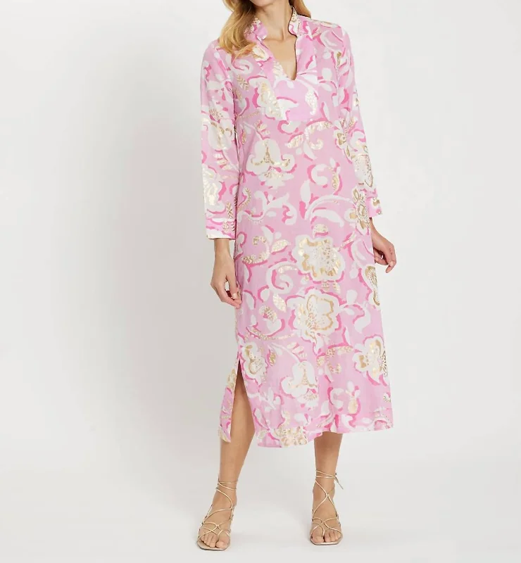 Lyra Dress Cotton Voile In Grand Floral Pink/gold