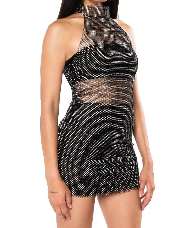 Mesh Halter Dress In Black