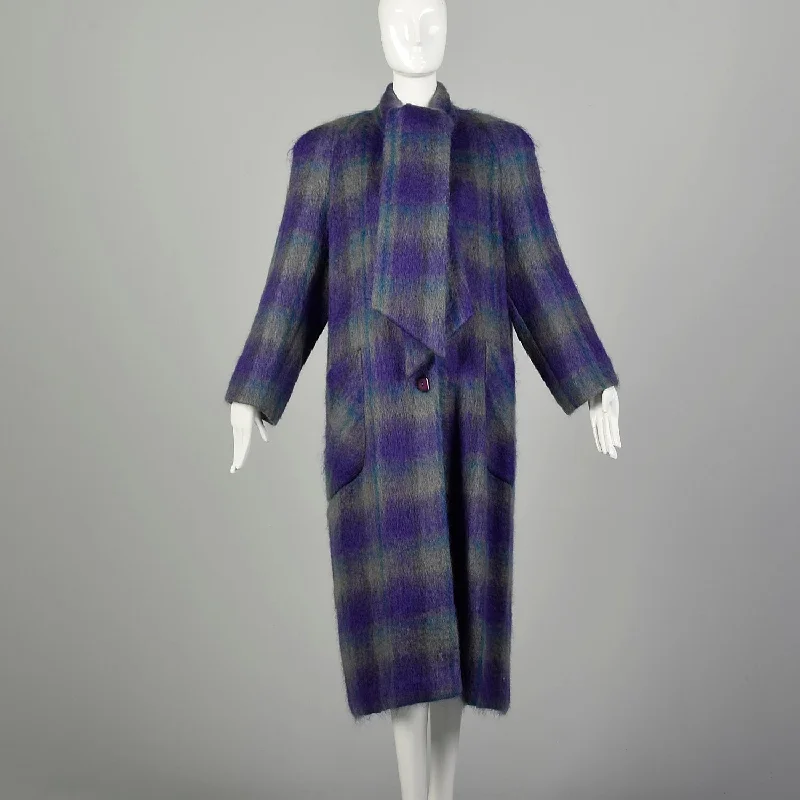 Large 1980s Coat Colorful Purple Plaid Striped Soft Mohair Winter Outerwear Maxi