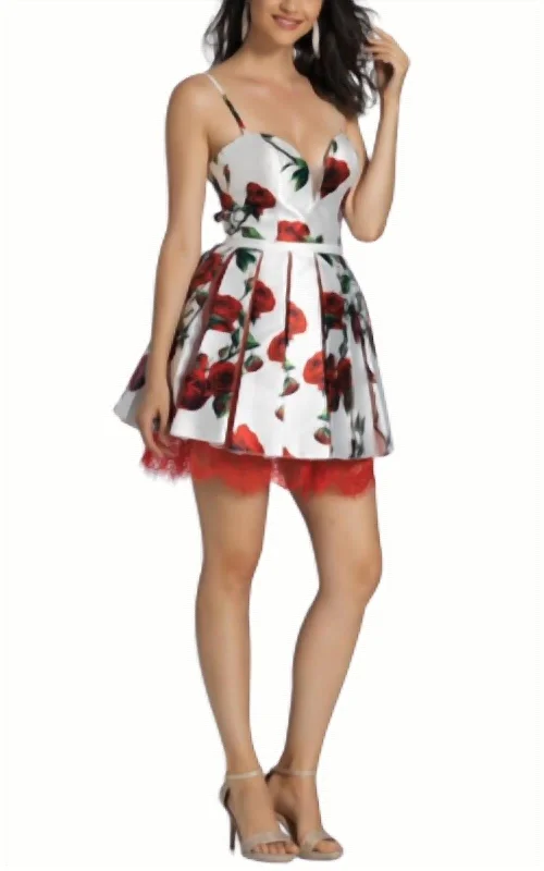 Short Floral Printed Dress In Floral Red/white