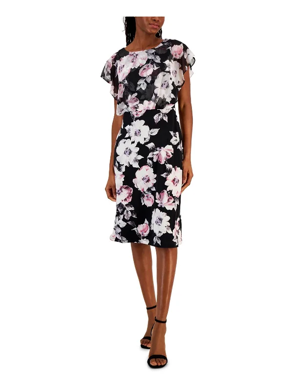 Petites Womens Floral Print Chiffon Midi Dress