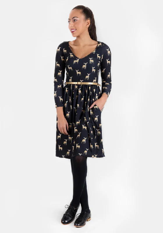 Deirdre Black Deer Print Dress