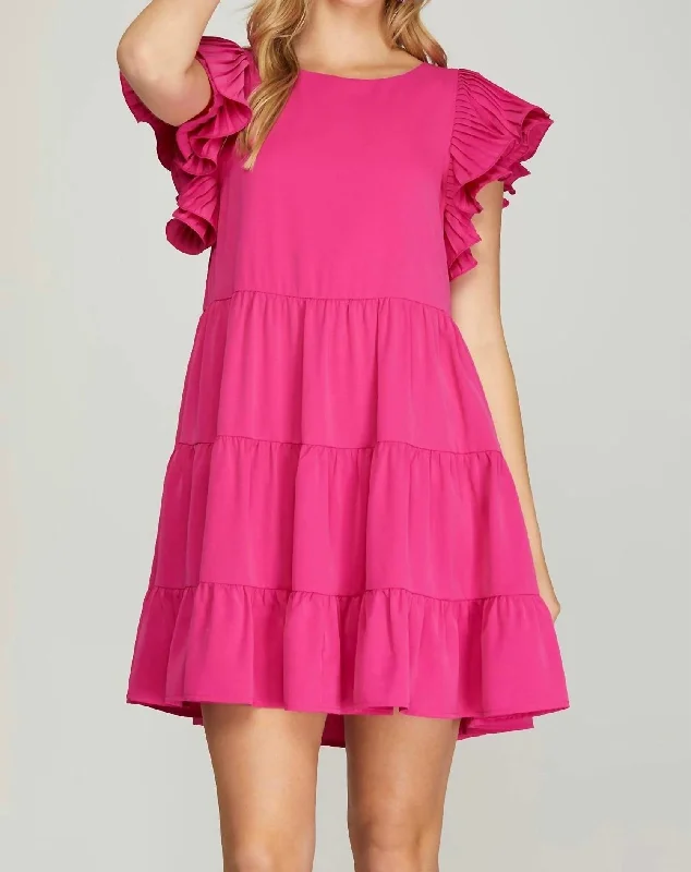 Tiered Dress With Pleated Sleeves In Hot Pink