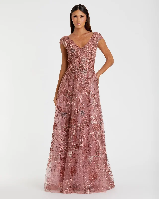 Pink Embroidered Illusion Cap Sleeve A Line Gown