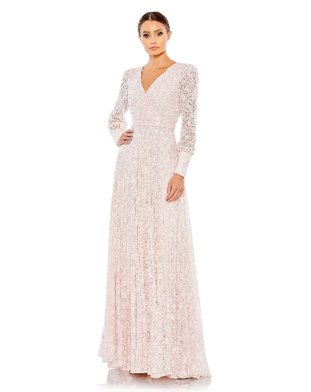 Pink Beaded Lace Long Sleeve Wrap Over Gown