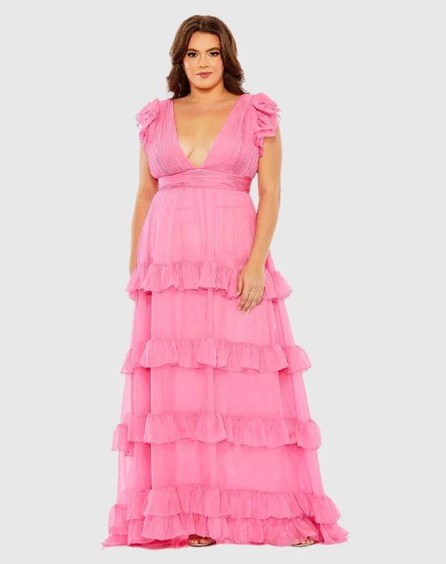 Tiered V-Neck Ruffle Gown