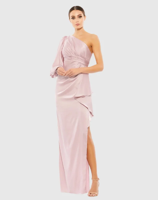 Pink One Shoulder Bishop Sleeve Gown