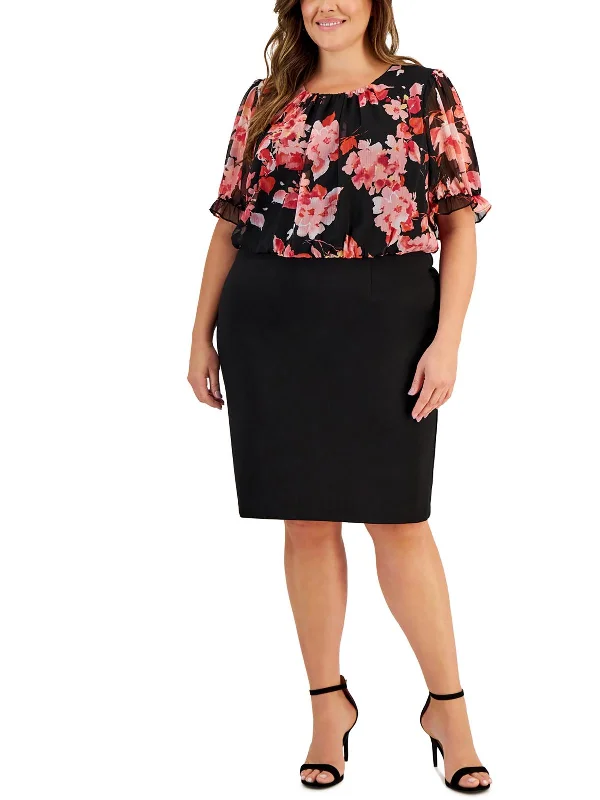 Plus Womens Floral Print Chiffon Wear To Work Dress