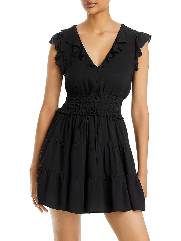 Womens Ruffled V-Neck Mini Dress