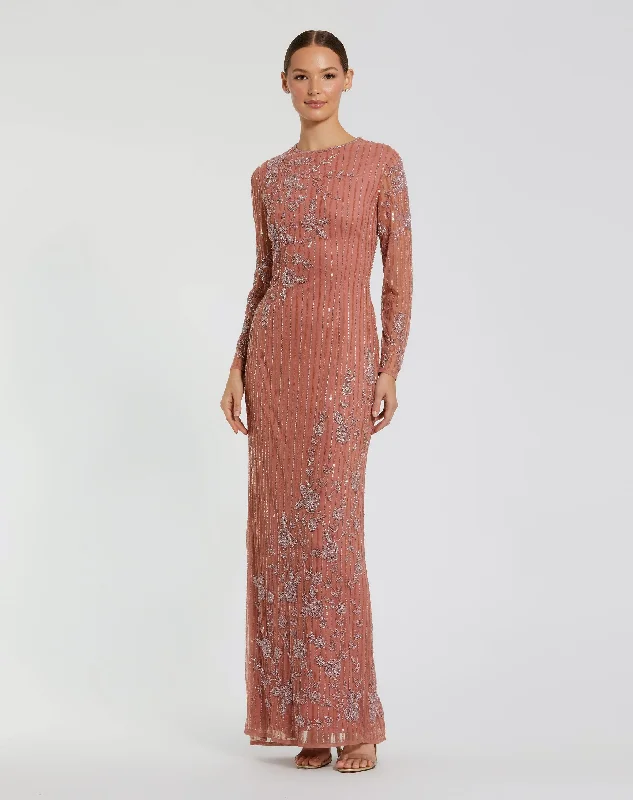 Pink Embellished High Neck Illusion Long Sleeve Gown