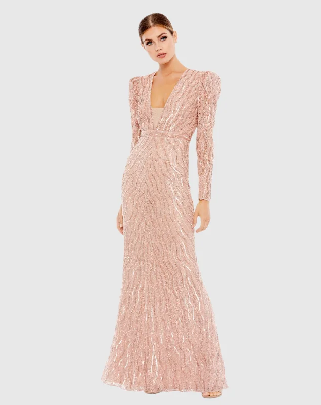 Pink Beaded Puff Sleeve Trumpet Evening Gown