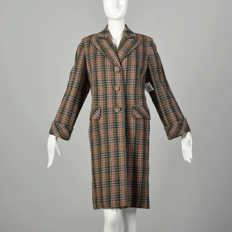 Medium 1950s Lavender Green Navy Tweed Plaid Coat Covered Buttons Winter Weight