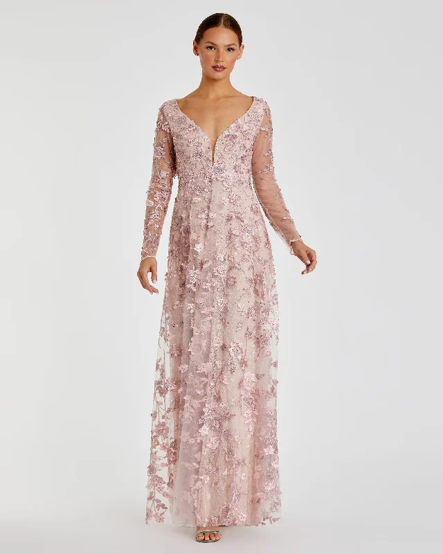 Pink Floral Applique Long Sleeve Illusion Gown