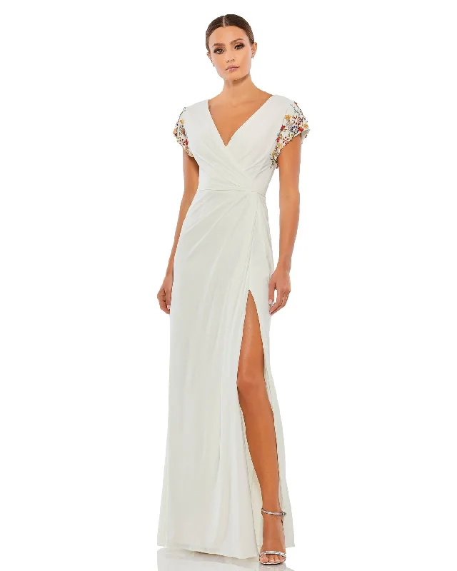 Embellished Sleeve Jersey Wrap Gown