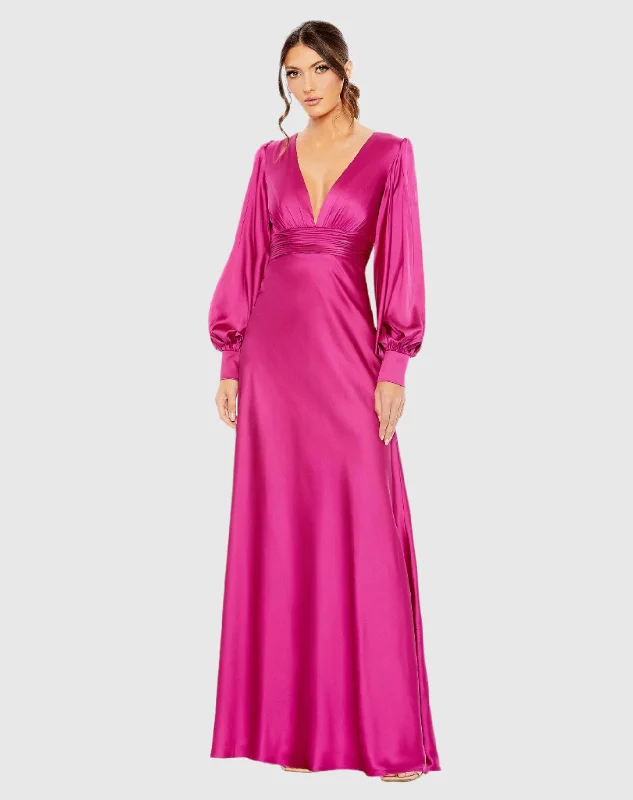 Pink Charmeuse Bishop Sleeve V Neck Gown